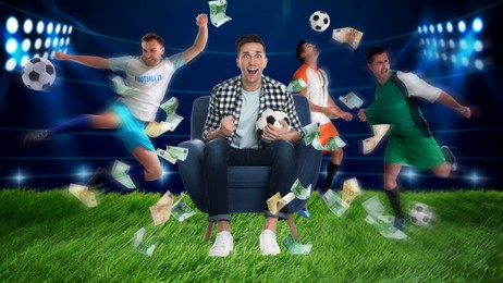 Image of Sports betting. Man rooting for football team, money flying around him. Stadium with players on background