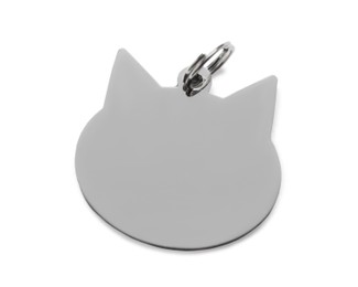 Photo of Silver metal cat shaped tag isolated on white. Pet accessory