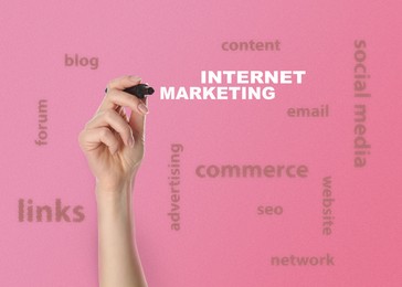 Internet marketing. Woman with marker and different words on pink background, closeup