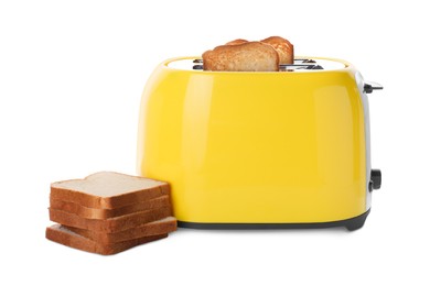 Yellow toaster with roasted bread slices on white background