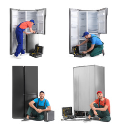 Collage of technical workers near refrigerators on white background