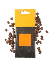 Scented sachet and coffee beans on white background, top view