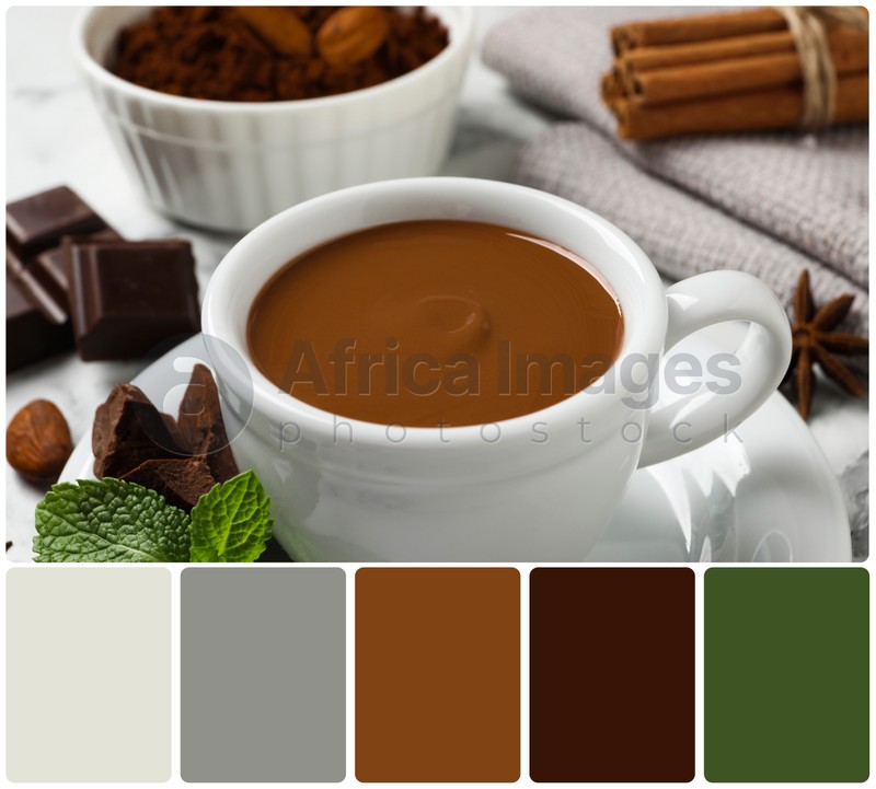 Yummy hot chocolate in cup on white table and color palette. Collage