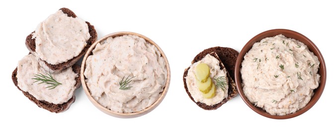 Image of Delicious lard spread and sandwich on white background, top view. Banner design