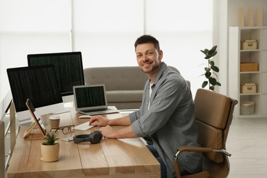 Happy programmer working at desk in office