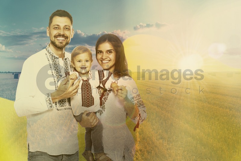Multiple exposure of happy family wearing national clothes, wheat field and Ukrainian flag