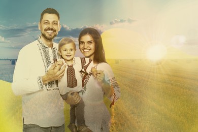 Multiple exposure of happy family wearing national clothes, wheat field and Ukrainian flag