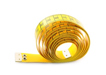 Long yellow measuring tape isolated on white