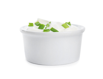 Fresh sour cream with onion on white background