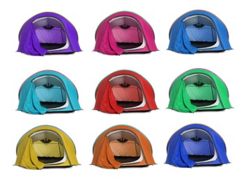 Set with different colorful camping tents on white background