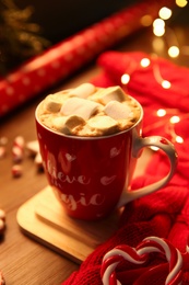 Tasty hot drink with marshmallows. Christmas atmosphere