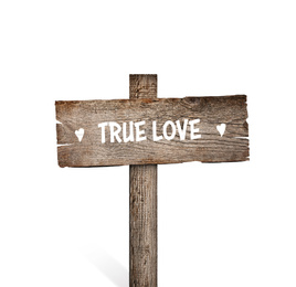 Wedding concept. Wooden plaque with inscription True Love isolated on white 