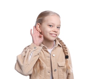 Cute little girl showing hand to ear gesture on white background