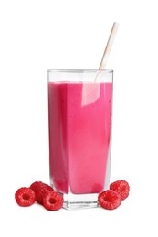 Photo of Glass of tasty raspberry smoothie and fresh fruits on white background