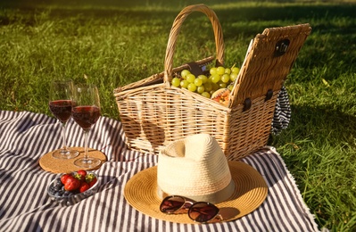 Photo of Red wine and different products for summer picnic served on blanket outdoors