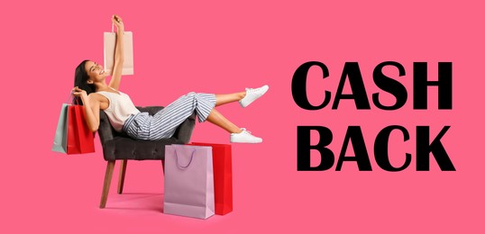 Image of Beautiful woman with paper shopping bags in armchair and words Cash Back on pink background. Banner design