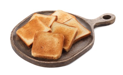 Photo of Board with slices of delicious toasted bread on white background