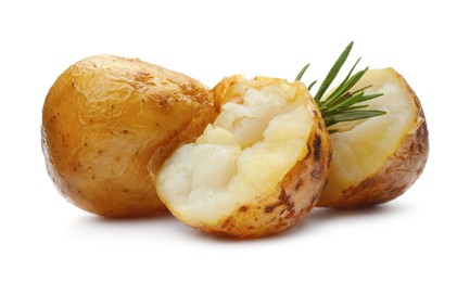 Tasty pieces of baked potatoes and rosemary on white background