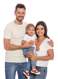 Happy cute family in casual clothes on white background