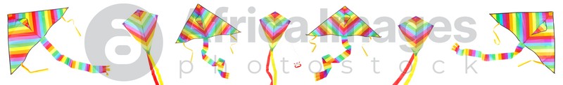 Set with beautiful bright kites on white background. Banner design