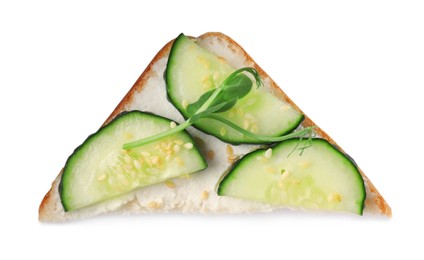 Photo of Tasty cucumber sandwich with sesame seeds and pea microgreen isolated on white, top view