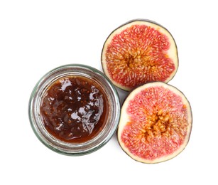 Glass jar of tasty sweet fig jam isolated on white, top view