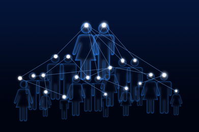 Corporation structure. Linked people figures on dark background