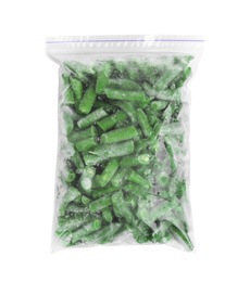 Frozen green beans in plastic bag isolated on white, top view. Vegetable preservation