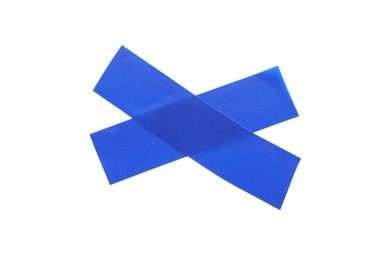Crossed pieces of blue insulating tape on white background, top view