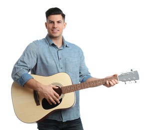 Man with guitar on white background. Music teacher