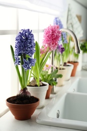 Photo of Beautiful hyacinths in flowerpots near sink on window sill indoors