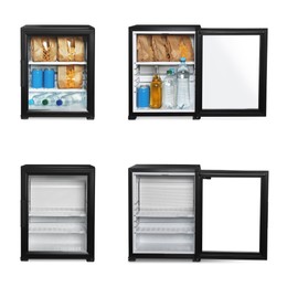 Set of modern black minibars with drinks and snacks on white background 