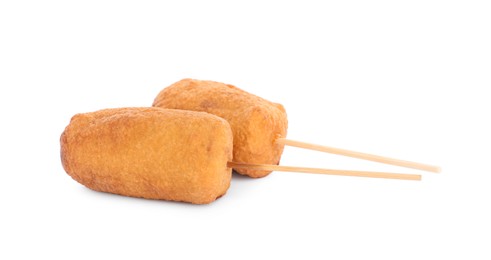Delicious deep fried corn dogs isolated on white