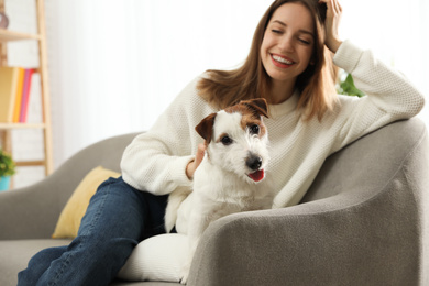 Young woman with her cute Jack Russell Terrier on sofa at home. Lovely pet