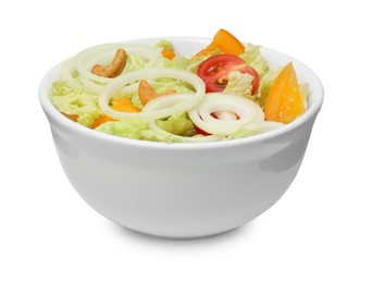 Bowl of delicious salad with Chinese cabbage, tomatoes and onion isolated on white