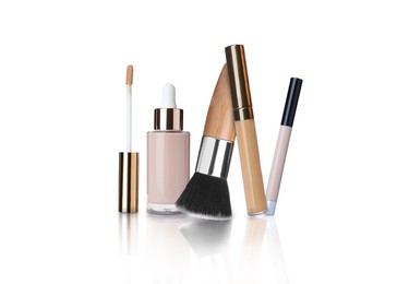 Set with different decorative cosmetics on white background. Luxurious makeup products