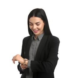 Businesswoman with wristwatch on white background. Time management