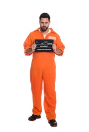 Photo of Angry prisoner with mugshot letter board on white background