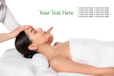 Image of Beautiful woman receiving massage. Spa salon advertising, space for design