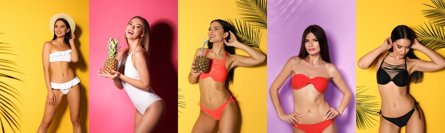 Collage with photos of women wearing bikini on different color backgrounds. Banner design