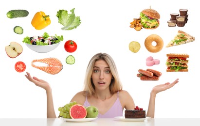 Image of Doubtful woman choosing between between healthy and unhealthy food on white background