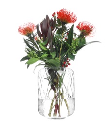 Vase with bouquet of beautiful protea flowers on white background