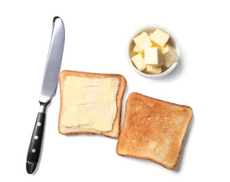 Tasty toasts with butter and knife on white background, top view