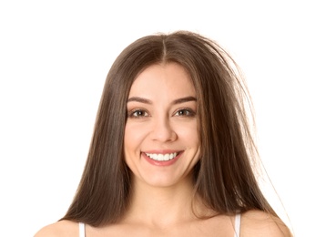 Photo of Happy woman before and after hair treatment on white background