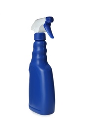 Blue spray bottle of cleaning product isolated on white