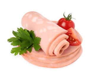 Slices of delicious boiled sausage with parsley and tomatoes on white background