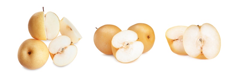 Image of Set with fresh ripe apple pears on white background, banner design 