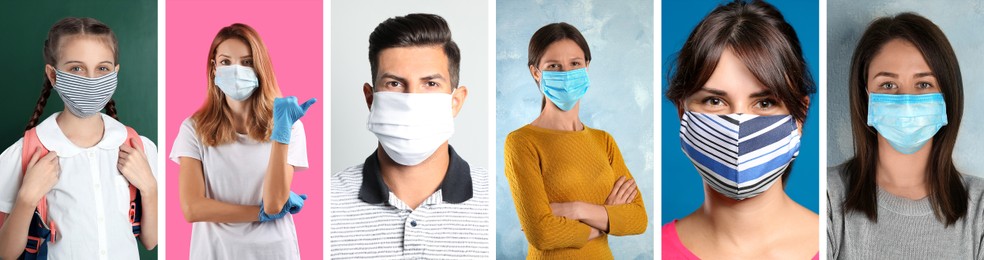 Collage with photos of people wearing medical face masks on different color backgrounds. Banner design