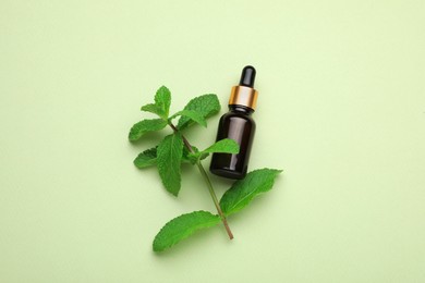 Bottle of essential oil and mint on light green background, flat lay