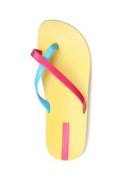Photo of Single yellow flip flop isolated on white, top view